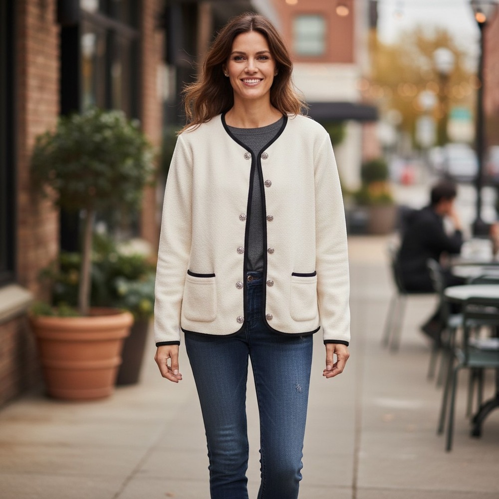 Vintage L.LBean Cream Fleece Cardigan Navy Trim Silver‎ Button Jacket Medium